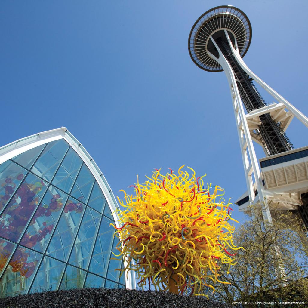Chihuly and Space Needle from the ground